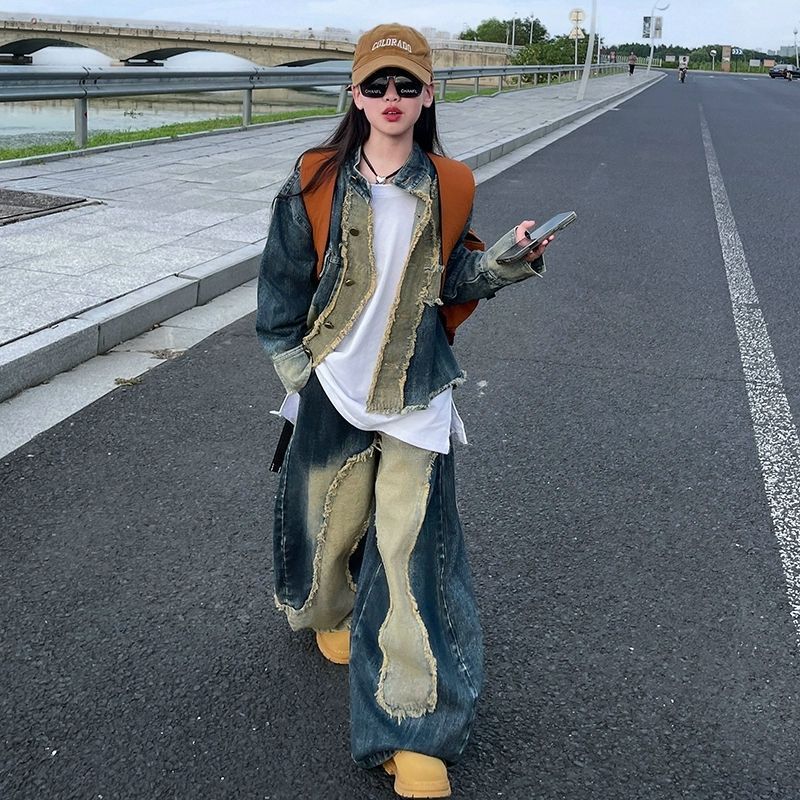 女童重工拼接牛仔套装春秋季2026新款儿童韩版夹克外套弯刀阔腿裤