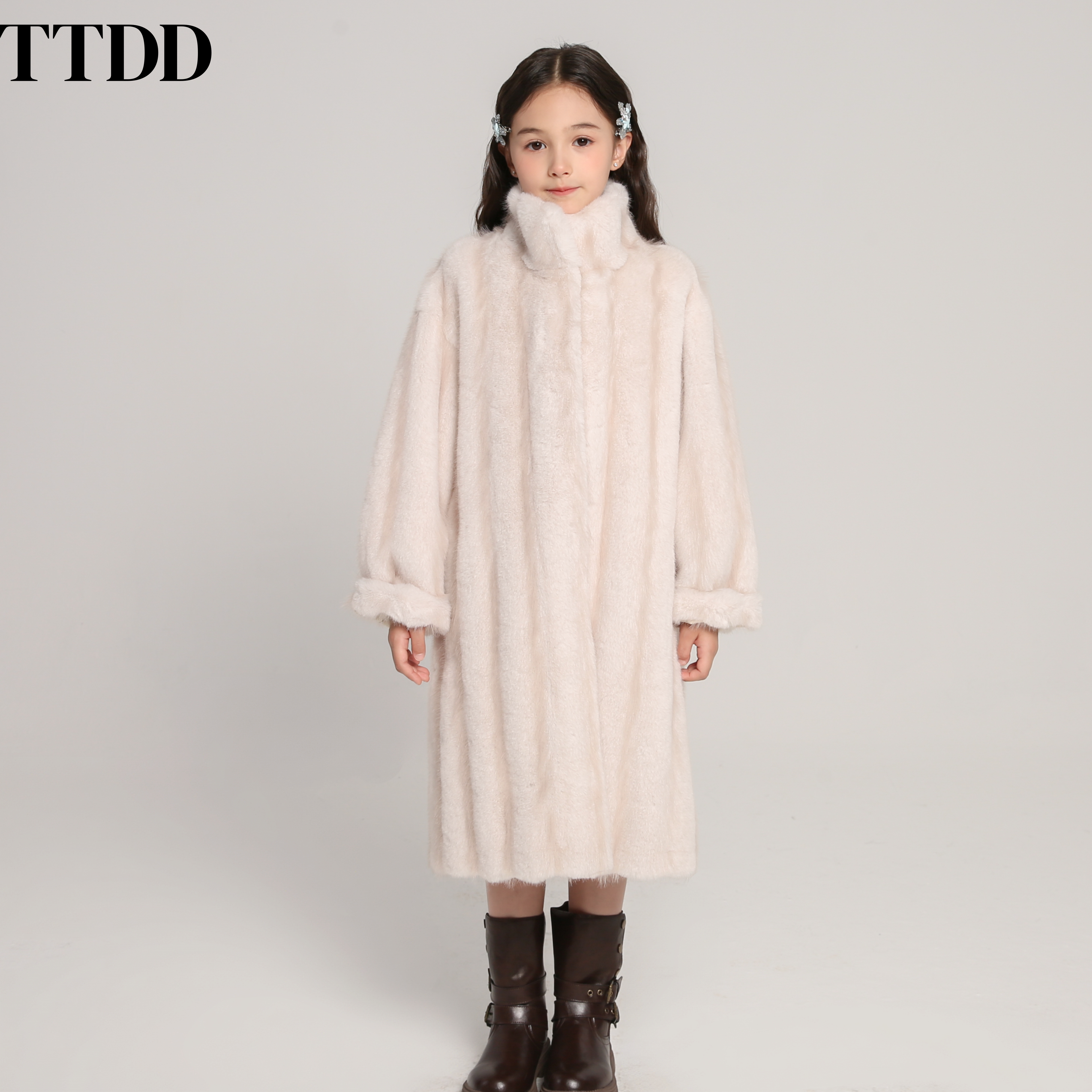 TTDD儿童皮草外套秋冬新款女孩女童长款精仿竖排水貂毛环保毛加厚