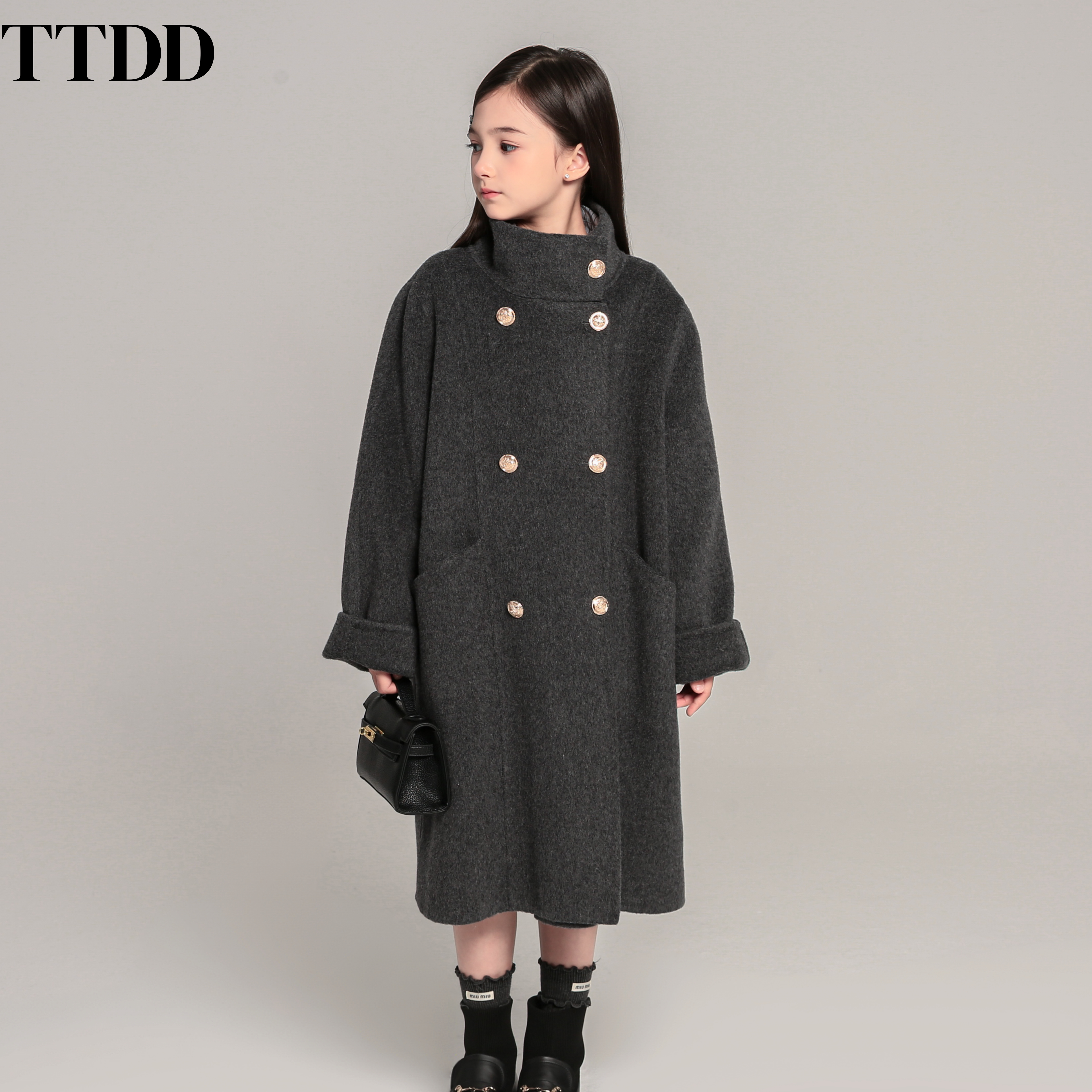 TTDD儿童双面羊绒大衣双排金属扣秋冬新款女童毛呢中长款立领外套