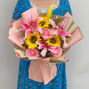 仿真花束向日葵百合颁奖交车开工假花舞台献花年会毕业拍照手捧花