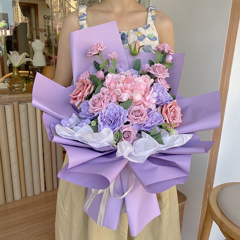 玫瑰手捧花紫色假花毕业交车年会仿真装饰花束颁奖舞台会议献花大