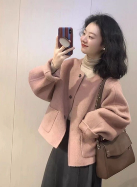 FAVEU樱花粉短款学生大衣双面羊绒大衣外套2023冬季圆领双面呢
