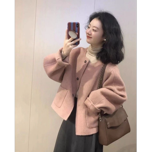 FAVEU樱花粉短款学生大衣双面羊绒大衣外套2023冬季圆领双面呢