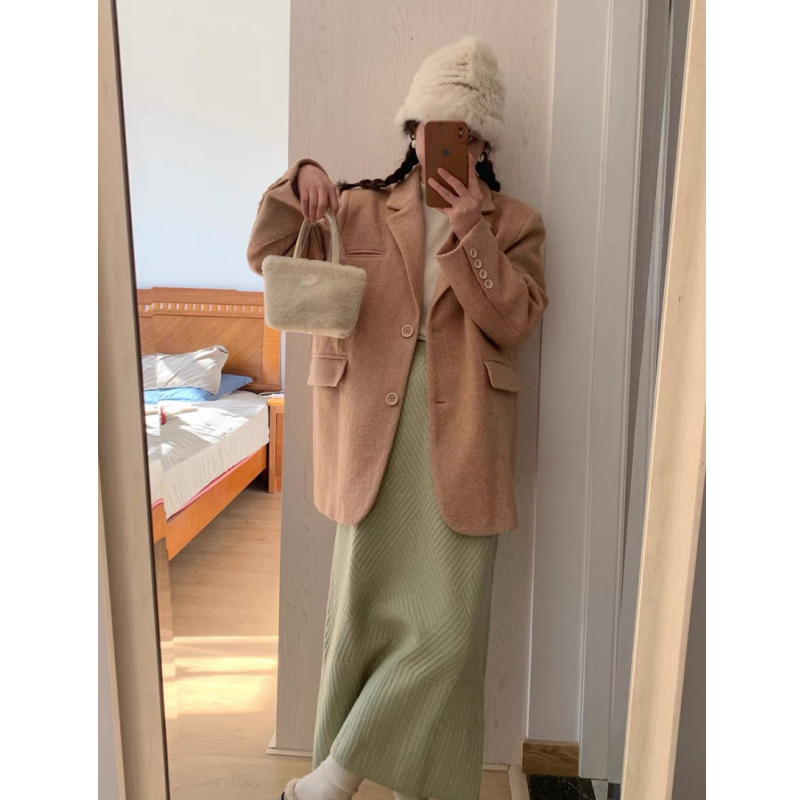 嗨嗨干杯韩系古着羊毛西装奶橘色