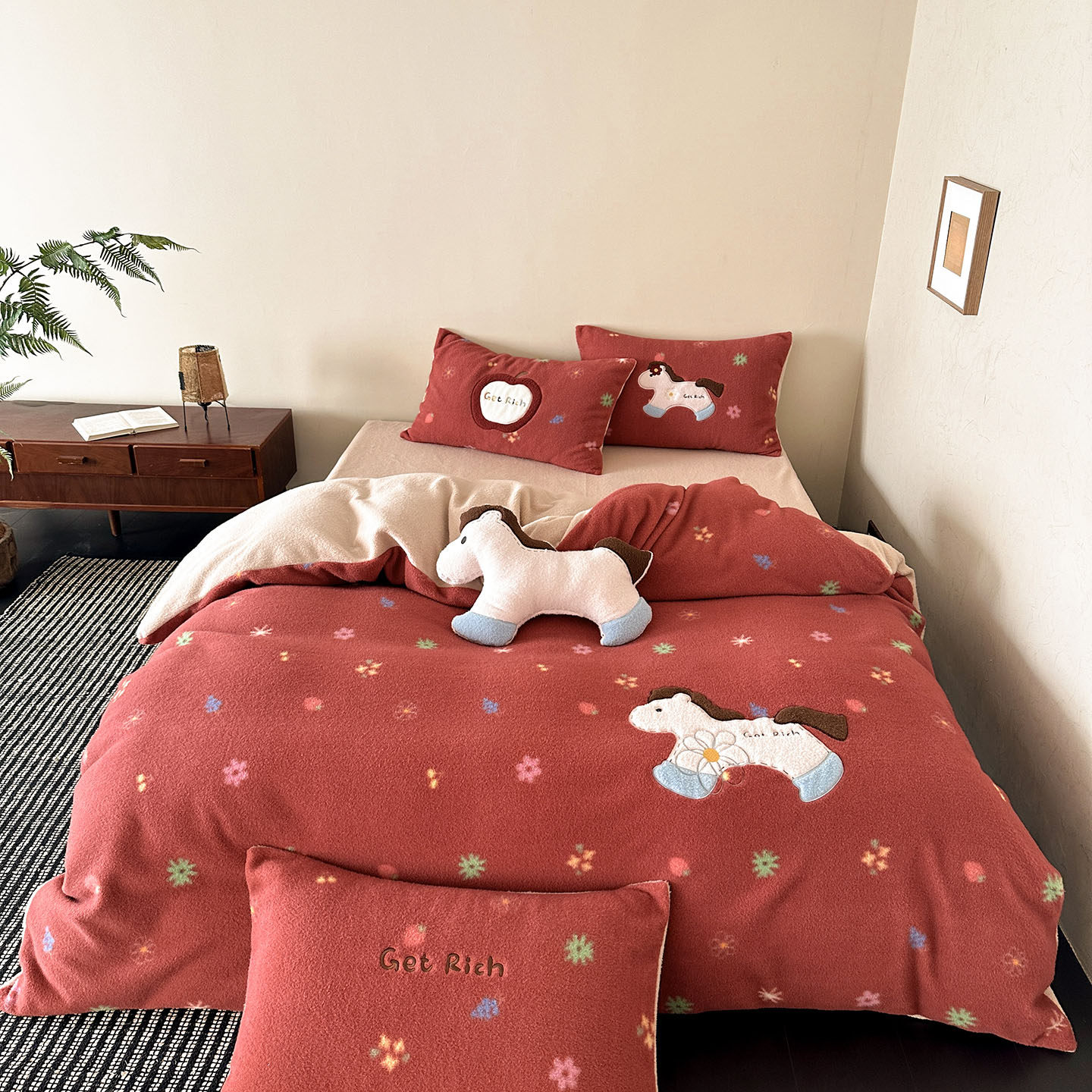 马年本命年红色2026新款秋冬加厚仿生羊咩绒幸运小马四件套和抱枕