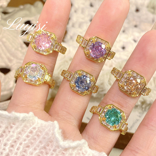 轻奢八边玫瑰切坦桑蓝古巴链戒指边黄金色T型钻镶嵌满钻开口指环