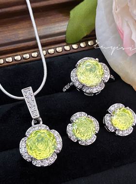 新款爆闪八角玫瑰切紫钻吊坠高碳钻艳丽彩宝粉钻指环女友礼物套装