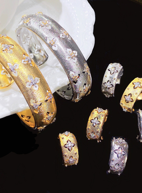 意大利手工拉丝宫廷风双色金工艺布家戒指真金电镀耳环项链手镯女