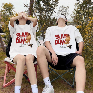 2025新款情侣短袖投篮小熊印花原宿港风半袖夏装街头潮流insT恤男