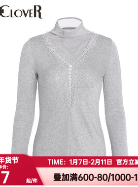 LA CLOVER兰卡文正品半高领长袖蕾丝可外穿打底衫上衣女LC72JQ2