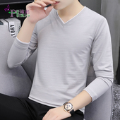 t恤男春季 鸡心领印花纯棉长袖 纯色简约打底衫 厂家批一件代发