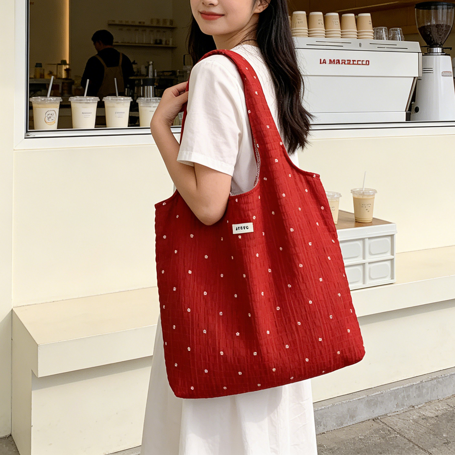 韩系简约波点帆布包女大容量单肩手提托特包小清新通勤包