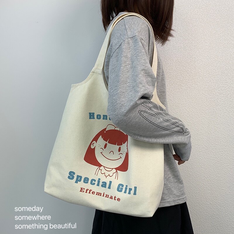 帆布书包女单肩韩版大容量慵懒风环保手提购物袋简约休闲通勤包包