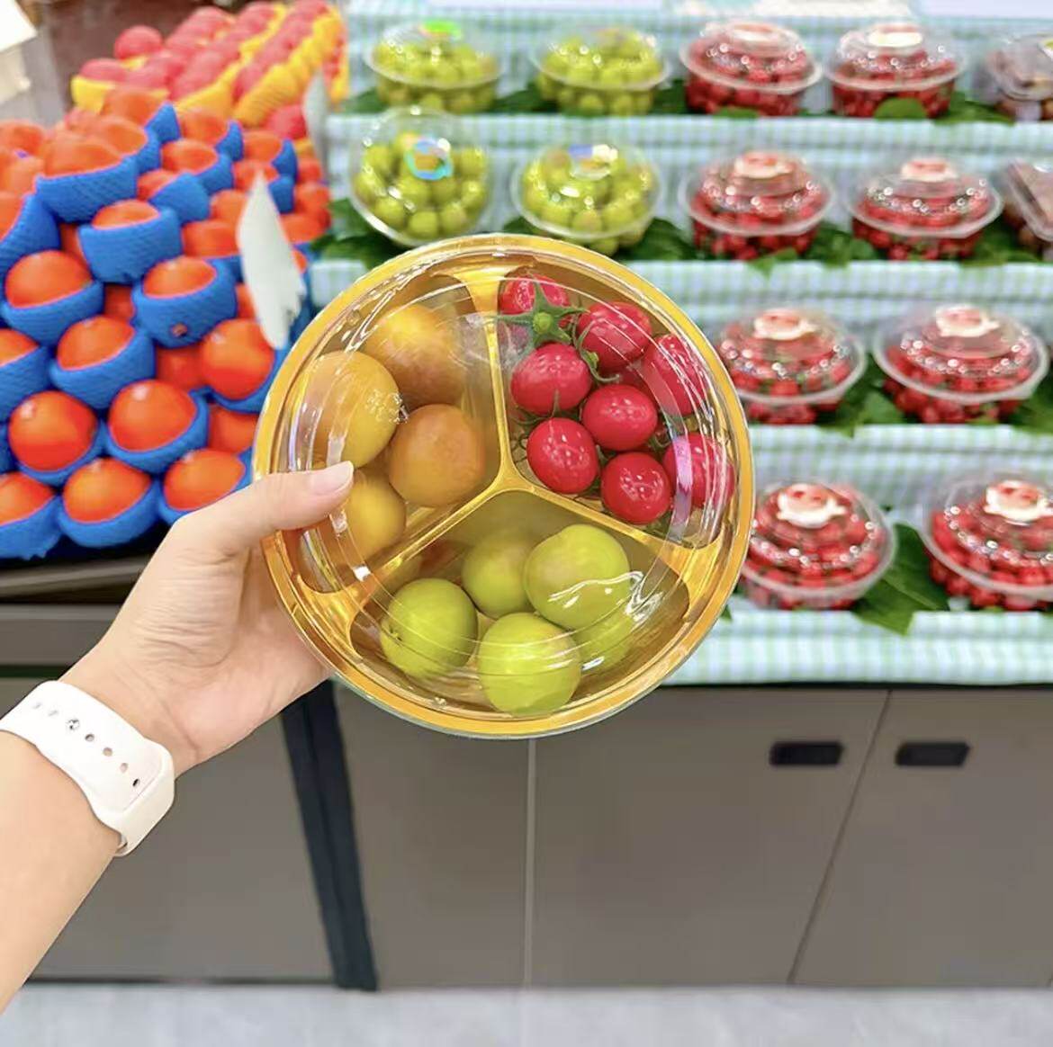 塑料金色圆形三分格果切包装盒干果烘培水果拼盘打包盒