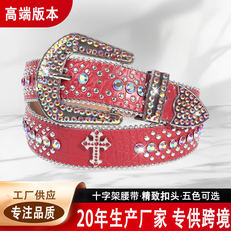 高端男女同款水钻装饰扣鳄鱼纹腰带十字架街头时尚新款牛仔皮带潮