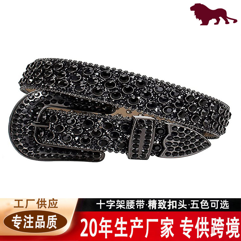 欧美潮流简约男女黑色水钻腰带