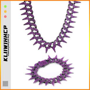 欧美风荆棘街头嘻哈男女带刺勾芡rapper潮流手链紫色满钻古巴项链