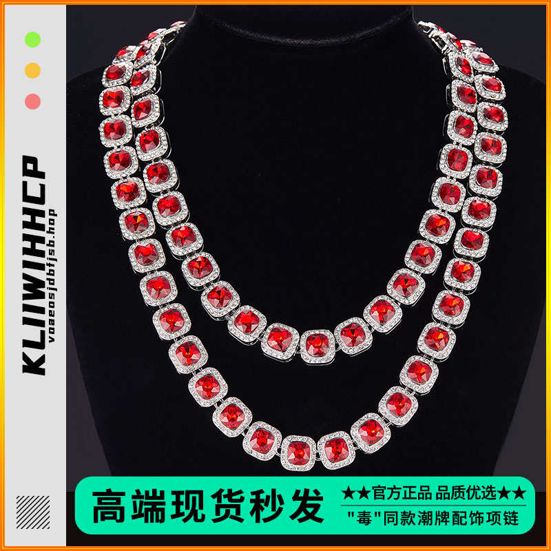 欧美嘻哈橘红方钻男女冰糖项链