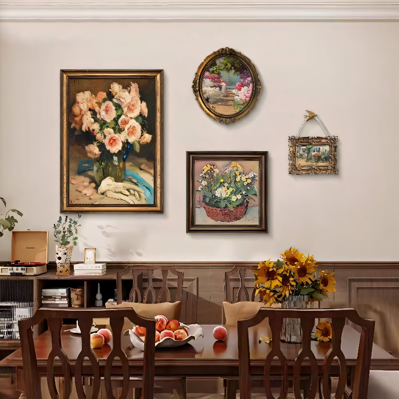 美式花卉复古餐厅装饰画高档油画饭厅背景墙挂画小众艺术组合壁画图片