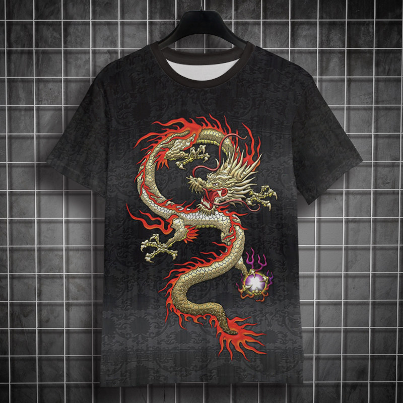 中国龙印花宽松短袖男款夏季冰丝透气加大t恤上衣潮流圆领口半袖