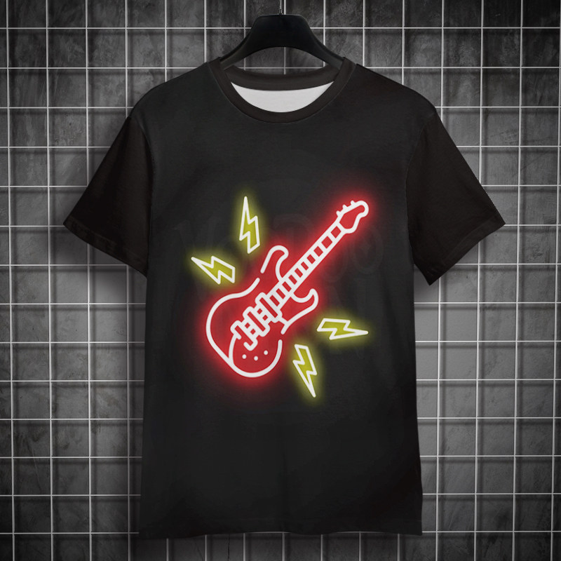 夏季透气新款凉感短袖T恤霓虹闪电吉他印花男装宽松休闲百搭上衣