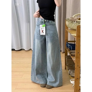 水洗浅蓝色慵懒bf风牛仔裤女小个子宽松百搭显瘦遮肉直筒阔腿长裤