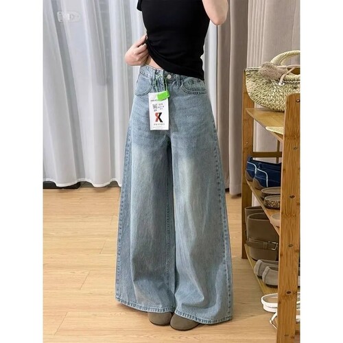 水洗浅蓝色慵懒bf风牛仔裤女小个子宽松百搭显瘦遮肉直筒阔腿长裤