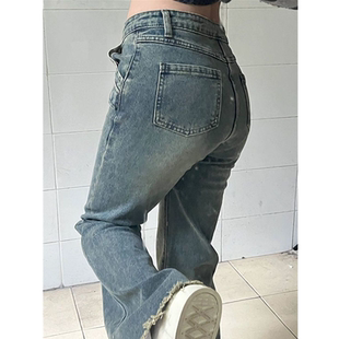 美式 女小個(gè)子彈力修身 顯瘦低腰拖地馬蹄長褲 復(fù)古毛邊微喇叭牛仔褲