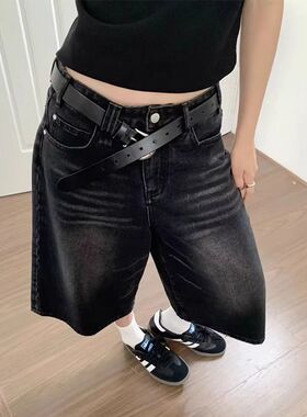 美式复古风黑灰色阔腿牛仔七分裤女夏小个子高腰宽松显瘦直筒中裤