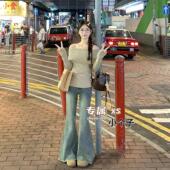 港风复古毛边微喇牛仔裤 显瘦马蹄裤 女150XS码 小个子低腰弹力修身