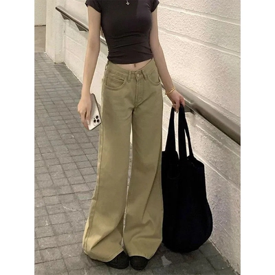 卡其色微喇叭牛仔裤女小个子