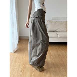 女小个子高腰显瘦宽松阔腿弯刀休闲裤 高街辣妹多口袋工装 风牛仔裤