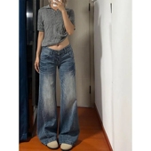 女XS小个子不贴腿宽松阔腿拖地长裤 美式 高街辣妹低腰微喇叭牛仔裤