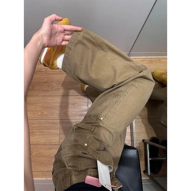 美式卡其色工装牛仔裤女小个子