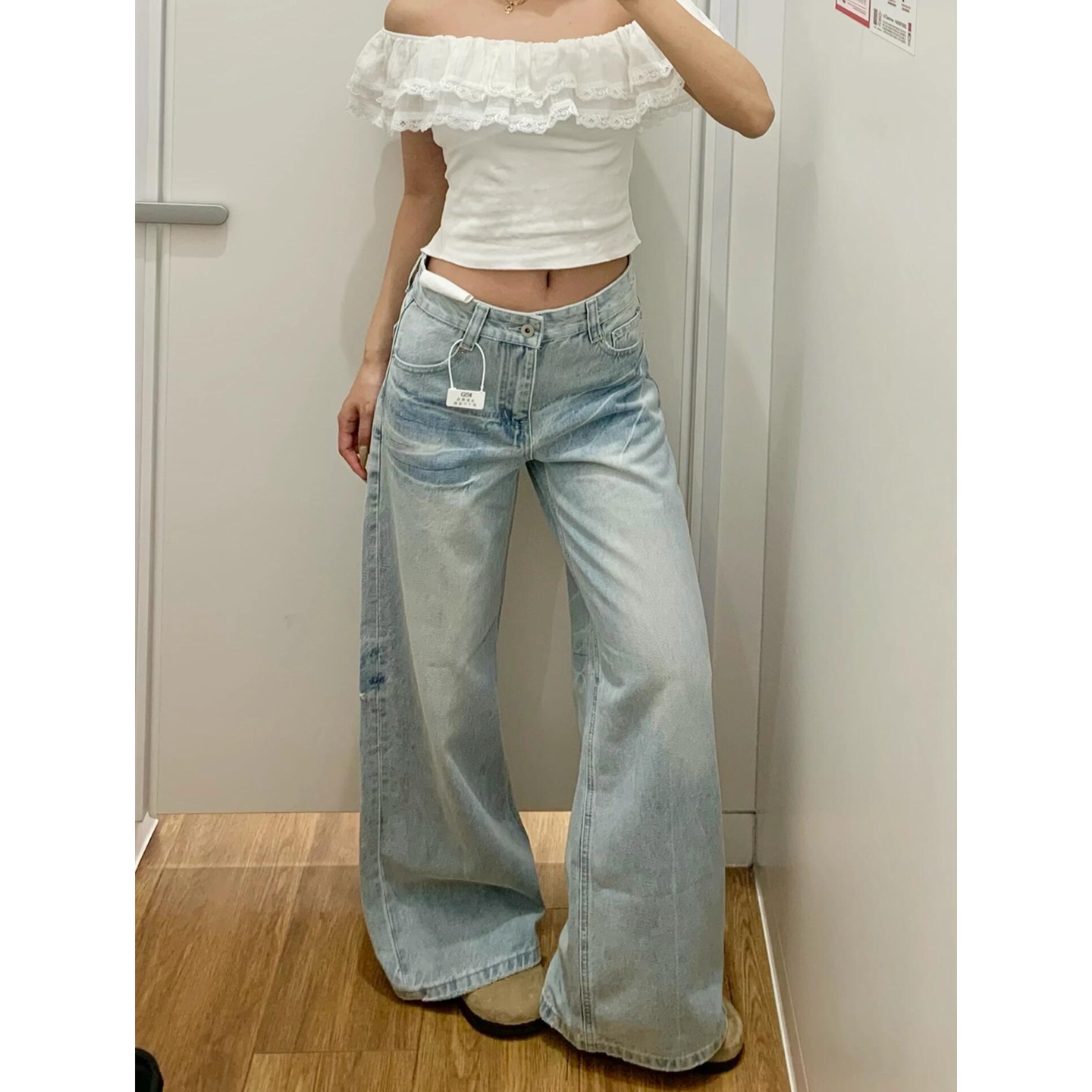 水洗磨白低腰直筒显瘦牛仔裤女图片