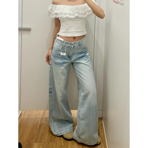 水洗磨白低腰直筒显瘦牛仔裤女