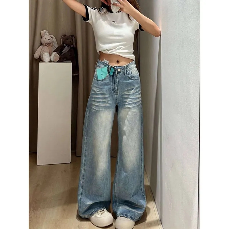 水洗磨白闪电纹牛仔裤女小个子