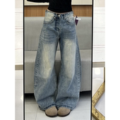 慵懒宽松bf风水洗竹节纹牛仔裤 女小个子宽松梨形显瘦弯刀阔腿长裤