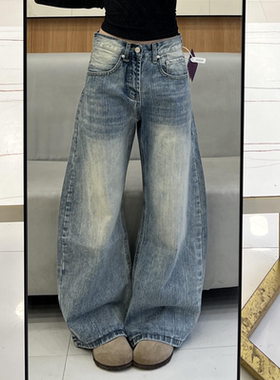 慵懒宽松bf风水洗竹节纹牛仔裤女小个子宽松梨形显瘦弯刀阔腿长裤