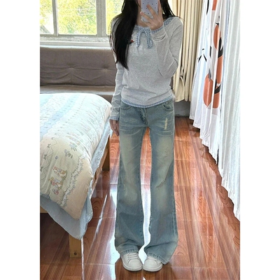 美式辣妹蕾丝拼接微喇牛仔裤女