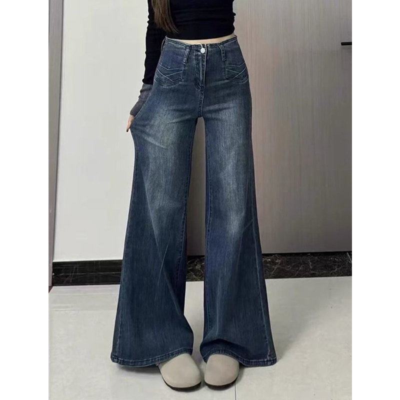 港风水洗复古微喇牛仔裤女小个子