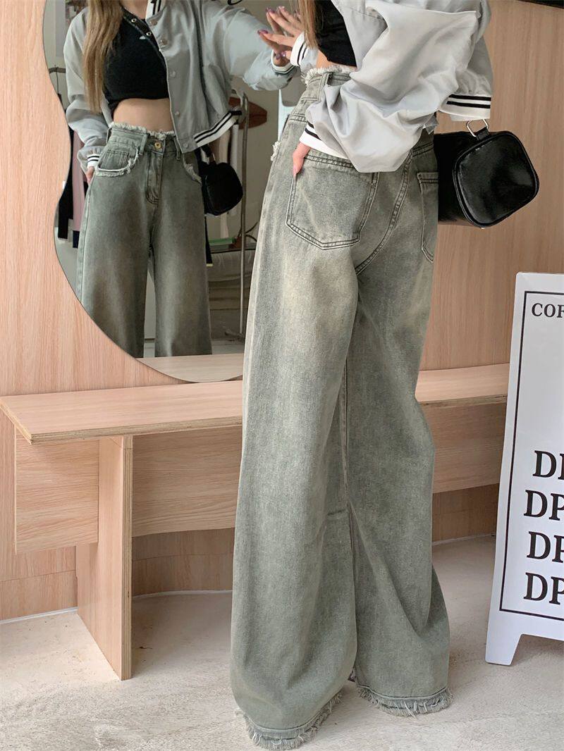 SENSE OF DESIGN: RAW EDGES LOOSE WIDE-LEG JEANS WOMENS SUMMER INS SMALL MAN HIGH WAIST COVERING THIN MOPPING TROUSERS TIDE