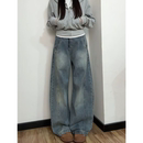 设计感压线水洗做旧直筒牛仔裤 女小个子宽松遮肉显瘦弯刀阔腿长裤