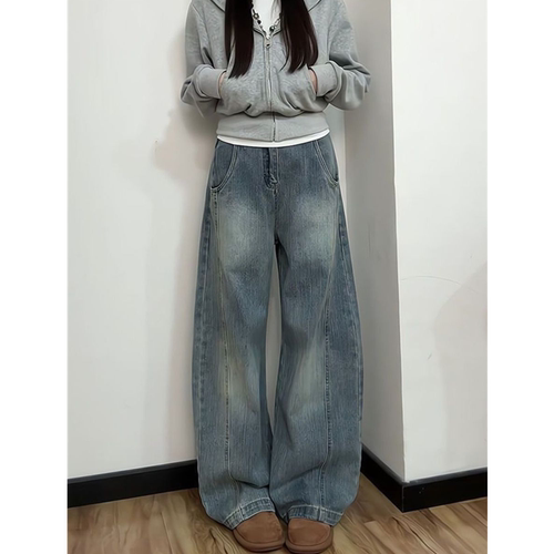 设计感压线水洗做旧直筒牛仔裤女