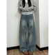 设计感压线水洗做旧直筒牛仔裤 女小个子宽松遮肉显瘦弯刀阔腿长裤