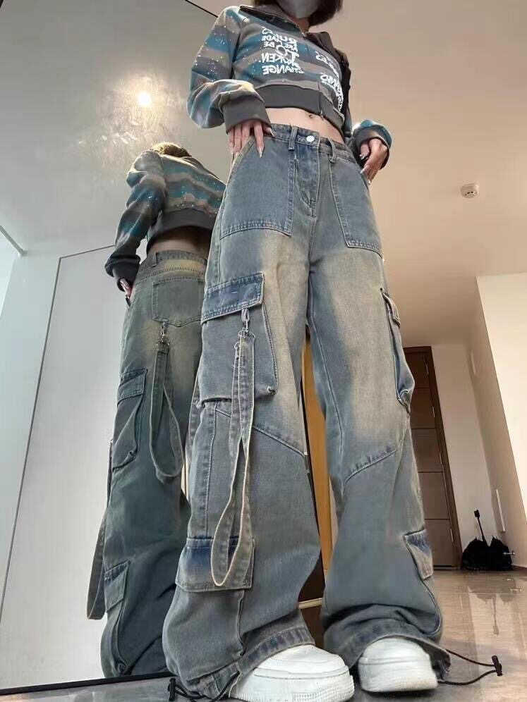 AMERICAN HIGH STREET VIBE BABES CARGO JEANS SMALL WOMEN HIGH WAIST LOOSE SKINNY WIDE-LEGGED STRAIGHT TROUSERS TIDE