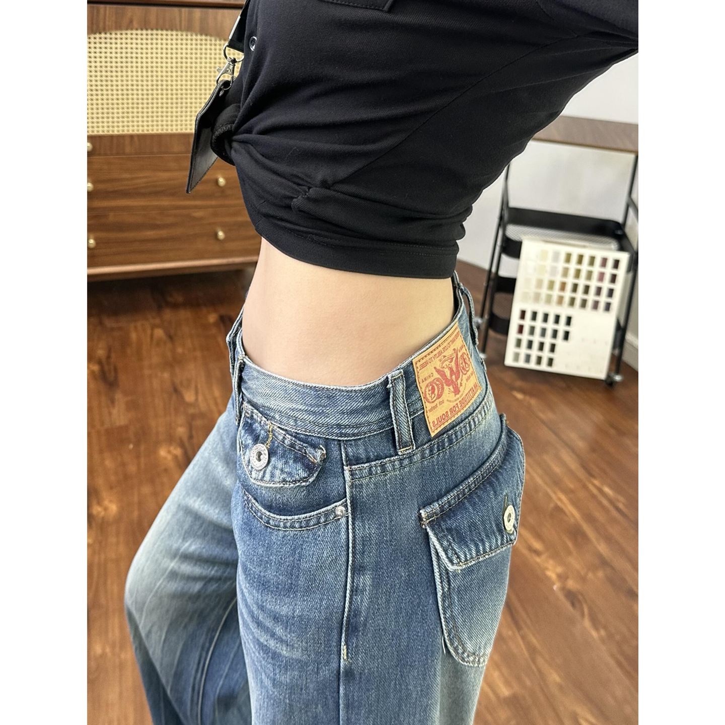 美式高街低腰直筒牛仔裤显高显腿图片
