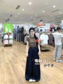 复古深蓝色高腰牛仔裤 女XS小个子微胖梨形粗腿显瘦大阔腿垂感裤 子