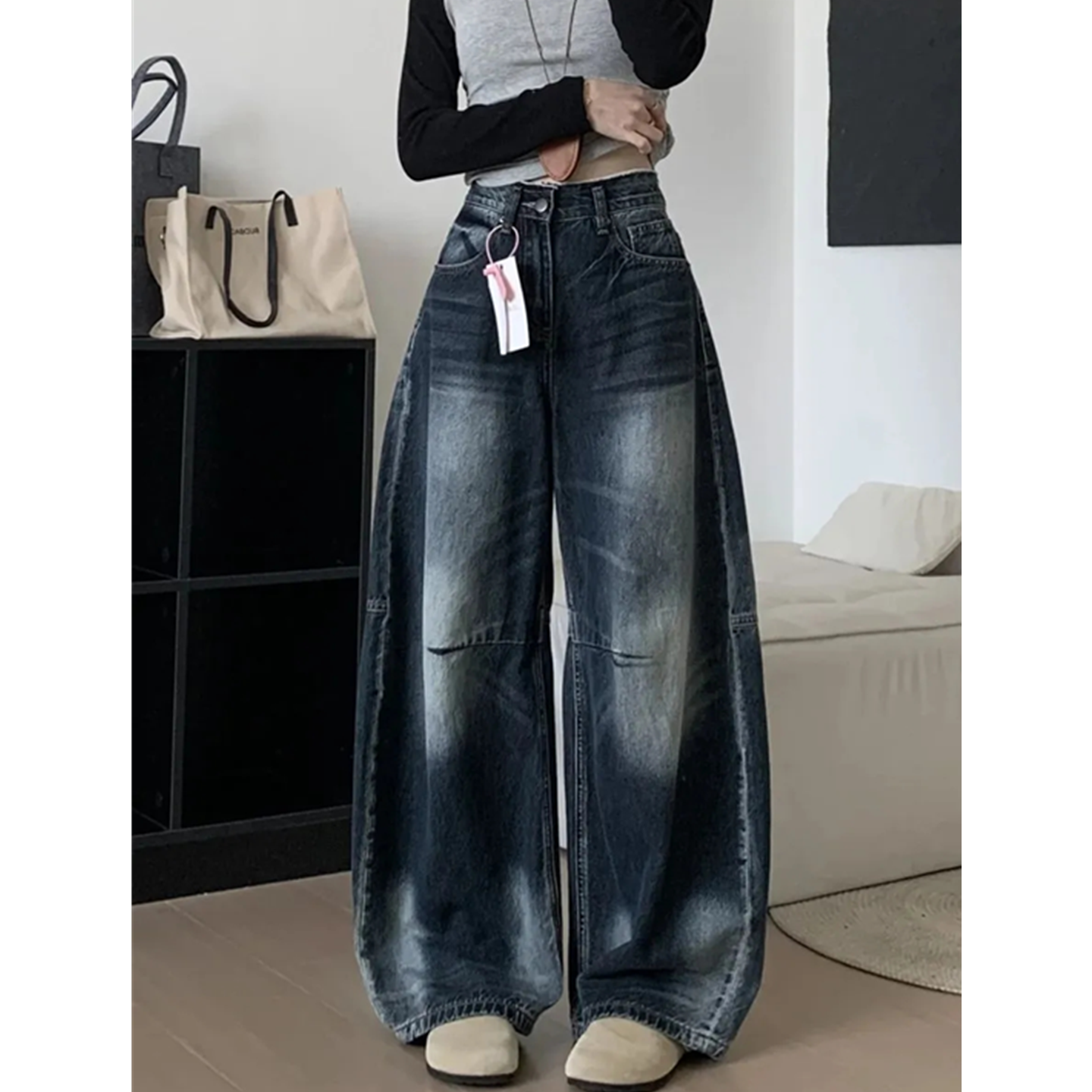 港风慵懒松弛感弯刀牛仔女小个子梨形身材宽松遮肉显瘦阔腿香蕉裤,女装/女士精品,牛仔裤,淘宝优惠券,粉丝福利购,淘宝优惠卷