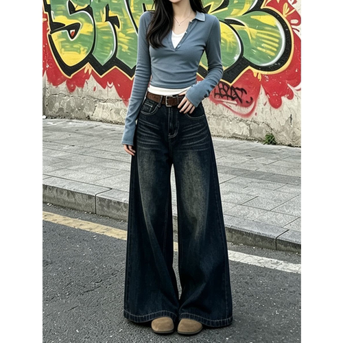 通勤复古微喇牛仔裤女宽松显瘦